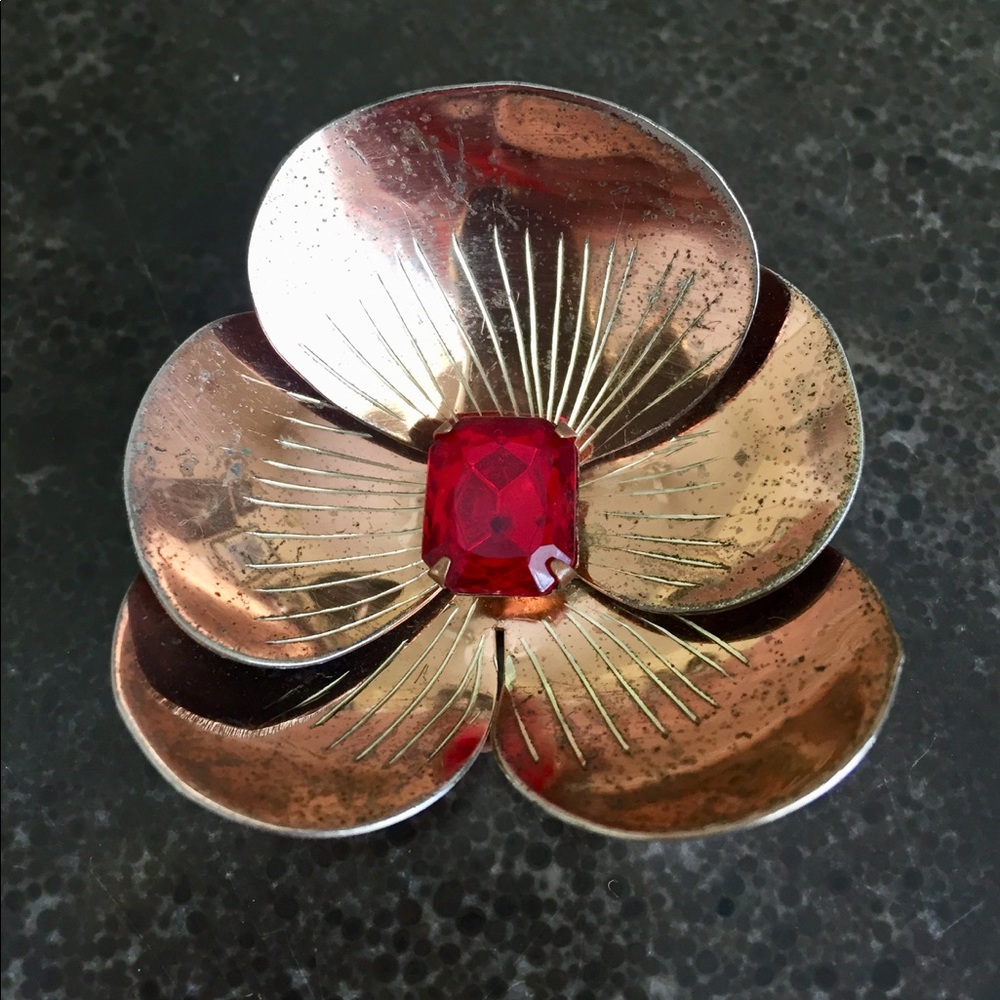 Vintage Sterling Orchid Brooch/ Pin w/red Accent
